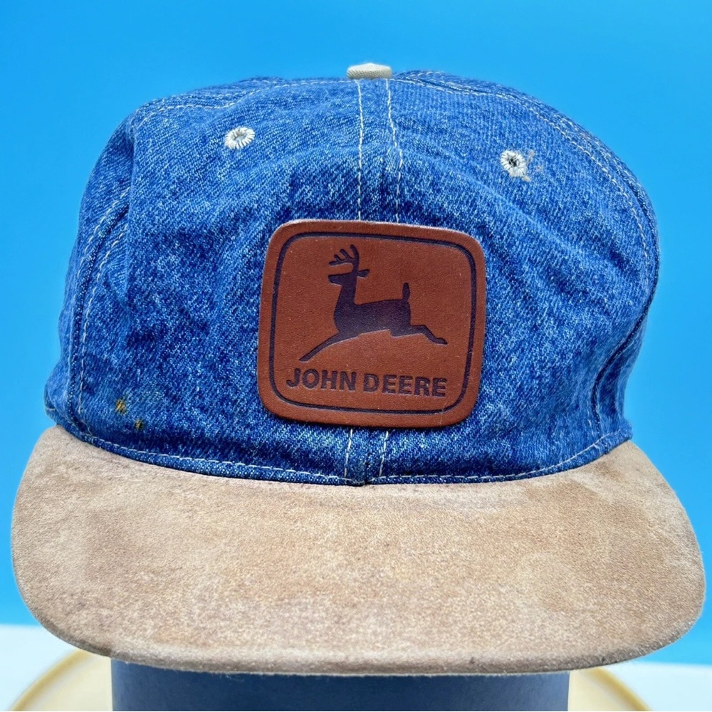 John Deere Hat Denim Suede Brim Strap back Cap Leather Logo - Unbranded